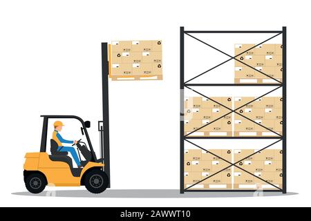 Gabelstapler, bei dem ein Mann im Lager fährt Stock Vektor