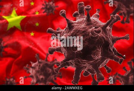 Coronavirus Krankheitszellen als 3D-Render mit Flagge der Republik China im Hintergrund. Neuer Roman Coronavirus (2019-nCoV) Infektionsausbruch situa Stockfoto