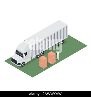 Isometrische Auslegung des Trailercontainers mit Versand der Exportpalette Stock Vektor