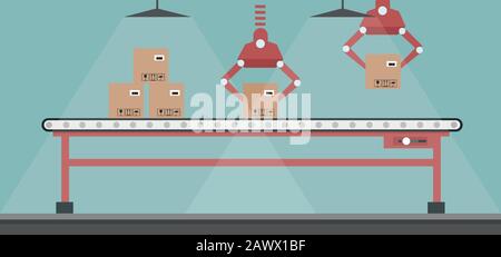 Entwurf einer automatisierten Produktionslinie mit Roboterarmen. Automatische Transportrollen Stock Vektor