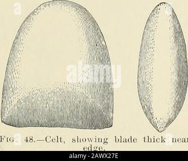 Jahresbericht des Büros für Völkerkunde an den Sekretär der Smithsonian Institution .. . Flo. 47.-Celt, mit Flieder am Rand des Dickdarms. Klinge dick in der Nähe Der Formen 5 und (&gt; wurden als Beize verwendet; die Formen 7 und 8 sind die Samemethoden, wie sie in gefrästen gerillten Achsen verwendet werden. Eine Montage ähnlich der Form 4 ist in einigen Alaska-Proben von Scelt-Scrapers zu sehen, bei denen das Arbeitsgerät an einem Stück Holzsoas befestigt ist, um eine kurze Strecke zu projizieren, und wie ein Flugzeug verwendet wird. Bei all diesen ist das Thekelt sehr fest am Griff befestigt, mit Sinus oder Rawhid, Wliich, wenn es auf Grün gesetzt wird, kontrahiert mit großer Kraft und bin Stockfoto