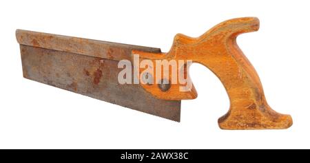 Alte Tenon-Holzhandsäge isoliert auf weißem Grund Stockfoto