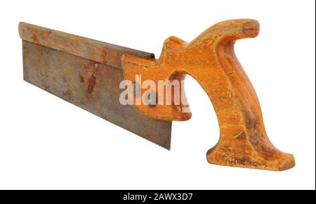 Alte Tenon-Holzhandsäge isoliert auf weißem Grund Stockfoto