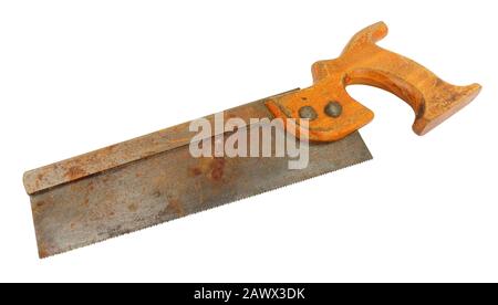 Alte Tenon-Holzhandsäge isoliert auf weißem Grund Stockfoto