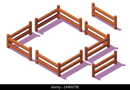 Isometrische Holzzäune. Realistische 3D-Symbole. Designelemente isoliert auf weißem Hintergrund. Vektorgrafiken. Stock Vektor