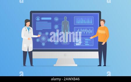 Gesundheitsanalyse des menschlichen Körpers mit Arzt- und Patientenberatung mit modernen, infografisch modernen Vektoren im flachen Stil Stockfoto