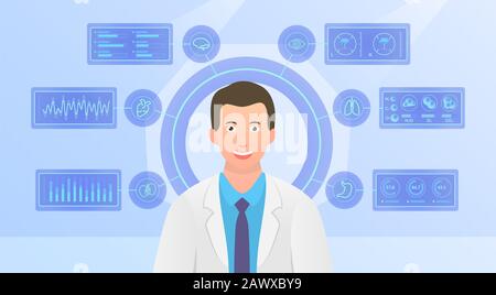 Medizinische Gesundheitspflege medizinische Analyse des menschlichen Körpers mit infografischem Stil und modernem flachen Vektor Stockfoto