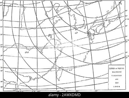 Anmerkungen zum Klima Shanghais, 1873-1902 . - 39 - Addendum Mittlere magnetische Werte bei Ihanghai, 1902 Deklination 20 25 West Mittlere Säkulare Veränderung + 1 Mittlere tägliche Oszillation 4,7 täglich mindestens 2 Stunden nach Sonnenaufgang Daily Maximum 1 pm Dip 450 40 Gesamtkraft 0,4714 C.G.S. Horizontale Kraft 0,3294 C.S. Vertikale Kraft 0,3391 C.S. Wir fügen ein Diagramm der Linien der gleichen Magnetikvariation an - und EQUAL DIP für das Jahr 1904/05. Index SEITE Temperatur 1 barometrischer Druck, Zyklone 17 Hygrometrie 22 Wolken, Nebel 25 Niederschlag, Schneefall 27 Wind 31 Ozon 36 Gesundheit 36 Magnetische Werte 1902 39 110 Grad E.G.0" Stockfoto