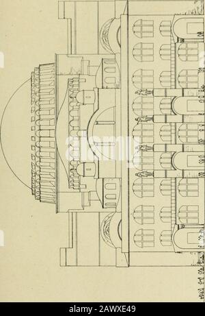 L'architectureLe passé.--Le présent. Abb. 16. - Chapiteau à Sainte-Sophie de Gontantinoples. Coupole centrale, de trente mètres de diamètre, est maintenuepar les parties qui lentourent, à travers lesquelles est assuréenéanmoins la culture. Deux^ppints sont à observator dans cevaste intérieur : dune part, le moyen adopté à la base de cettegrande coupole pour assurer léclairage au Centre de lédificeindépendment des jours latéraux; Im Rahmen des "La façon" spendet er die Arkaden, die in den "chapiteaux", "en utilizant leur évase-ment", "ce qui permet de Réduire les points dappui", "au bénéficede lespace", enthalten sind Stockfoto