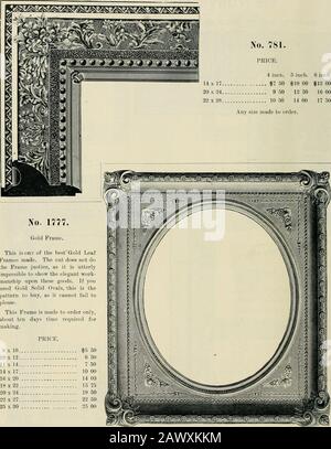 Formteile, Spiegel, Bilder und Rahmen. . Nr. 782. Ägyptisches Muster. Ein wunderschöner Goldener Blattrahmen außen, 1 Zoll. Seide Plüsch in der Mitte, die insideis eine Getönte abgeflachte Kante ^lat 2 Zoll breit. PREIS. I(IX20   ^13 75 18x22 ..  .- 14 75 20x24 16 50 22x27 18 00 25x30 .- 19 25 30x40 23 00 Rabbetmaß von   lat. 50 GEO. JV. LEE S CO., CHICAGO. ECHTE KÜHLRAHMEN - FORTSETZUNG. 3/SMM^^M^i^mm^^^^m imjum^^j^^ Nr. 781. PREIS. 4 iiicti. ?) Zoll. G incl. 14x17 USD 7 50 USD 10 00 118 00 20x24 9 50 13 50 10 00 23x28 10 50 14 00 17 50 Bestellmenge. Nr. 777. Goldener Rahmen. Dies ist eine der besten Gold LeafFrames Stockfoto