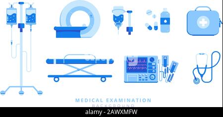 Medizinisches Notfallgerät mit Ambulanztragen, Defibrillator, Injektion, MRT, Stethoskop, Erste-Hilfe-Kit, intravenöse Infusion auf weißem Hintergrund isoliert Stock Vektor