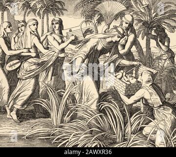 Exodus. Der Fund von Moses in der Lade des Bulrushes. Heilige biblische Geschichte Altes Testamente. Alte Gravur aus dem Buch Historia Sagrada 1920 Stockfoto