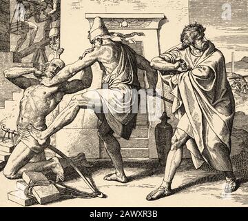 Exodus. Moses tötet den Ägypter. Heilige biblische Geschichte Altes Testamente. Alte Gravur aus dem Buch Historia Sagrada 1920 Stockfoto