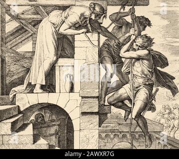 Rahab und Joshua spionieren. Sie ließ sie mit einem Seil durch das Fenster hinabsteigen, da sich ihr Haus in der Stadtmauer befand. Heilige biblische Geschichte Alt Stockfoto