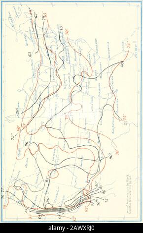 Klimatographie der Salt River Valley Region von Arizona, dem Land der Gesundheit und des Sonnenscheins. Die Staaten oder östlich des einhundert und fünften Meridians reichen von 55 bis 75 Grad.westlich des einhundert und fünften Meridians liegt der Bereich zwischen 50 und 65 Grad. Diagramm II wurde vorbereitet, um die extremen Dif-Störungen zu veranschaulichen, die im Hochsommer vorherrschen, wobei die fünfundsiebzigste Meridianzeitbeobachtung vom Juli verwendet wurde.(8 P.M., fünfundsiebzig Meridian, entspricht 19 Uhr cen-tral, 18 Uhr Berg, Und 17.00 Uhr pazifische Zeit.) Es gibt einen Einwand gegen die Verwendung der synchronen Zeit in der bildlichen Darstellung klimatischer Elemente Stockfoto