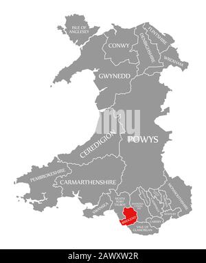 Bridgend rot markiert in der Karte von Wales Stockfoto