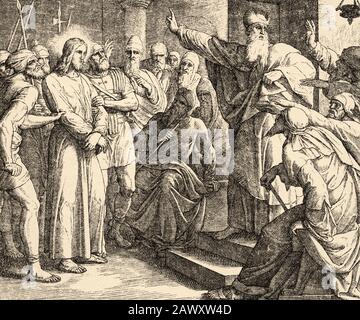 Jesus vor Caiaphas. Die Pharisäer und die Synagoge verurteilen den Tod unseres Herrn Jesus, des Sohnes Gottes. Matthäus-Buch, Neues Testament-Heilig Stockfoto