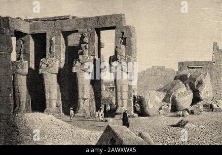 Ramesseum. Ramses Gebäude, Denkmäler in Theben, altägyptisches Reich. Ägypten. Alte Gravurillustration aus dem Buch Universelle Geschichte von Oscar Stockfoto