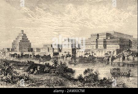 Palast der Könige von Assyrien zur Stadt Ninive. Assyrisches Reich. Alte Gravurillustration aus dem Buch Universal-Geschichte von Oscar Jager 1890 Stockfoto