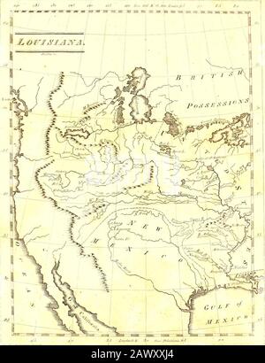 Careys amerikanischer Taschenatlas mit zwanzig Karten... mit einer kurzen Beschreibung der einzelnen Bundesstaaten und Louisianas: Die Zählung der Einwohner der Vereinigten Staaten von Amerika für 1801 und Die Exporte aus den Vereinigten Staaten für zehn Jahre ist ebenfalls unter der Zuständigkeit eines Gouverneurs, der vom präsidenten der Vereinigten Staaten ernannt wird, mit einem rat und einem Sekretär. Der nördliche oder obere Teil wird Louz * siana genannt und unterliegt dem Verstoß des Gouverneurs von Indiana, der mit den Richtern die Macht hat, solche Gesetze zu treffen und auszuführen, wie sie möglicherweise gefunden werden, erfordert die fällige Verwaltung von Stockfoto