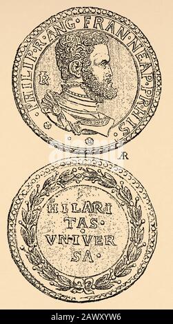 Silbernes Neapel Ducat von König Philipp II. Von Spanien. Jahrhundert. Geschichte von Philipp II. Von Spanien. Alte Gravur veröffentlicht in Historia de Felipe II Stockfoto