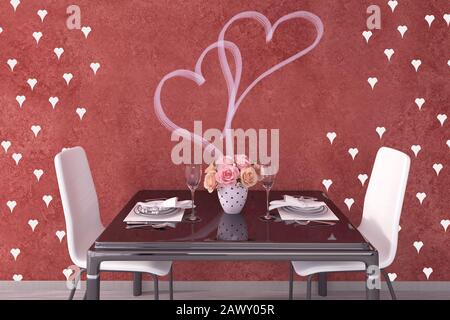 3D-Tischrendering für zwei Personen für Valentinstag mit rosa Rosen und Herzen Stockfoto