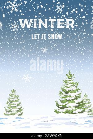 Der Winter lässt es mit schneebedeckten Kiefern schneien. Blizzard. Vektor Stock Vektor