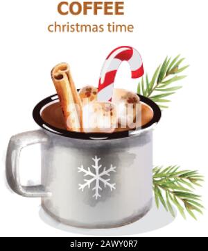 Weihnachtszeit Kaffeetasse mit Marshmallows, Lollipop und Zimtstöcken. Tannenbaum hinterlässt Dekorationen. Vektor für Urlaubsgetränke Stock Vektor
