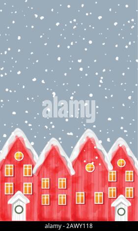 Watercolor Winter Red Häuser bedeckt mit blizzard Schnee. Weihnachtsgruß-Kartenvektor mit Platz für Text Stock Vektor