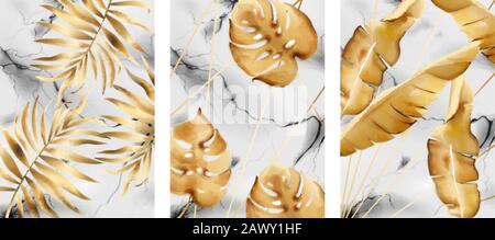 Set aus marmornen Hintergründen mit goldenen Blättern und Rissen. Vektor Stock Vektor