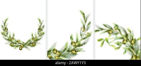 Großer Satz grüner Olivenkranze in zufälligen Winkeln. Vektor Stock Vektor