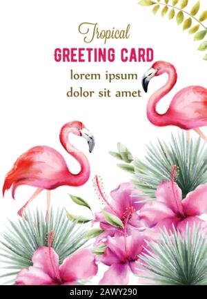 Tropische Grußkarte mit Palmblättern, Hibiskusblüten und rosafarbenem Flamingo. Vektor für Wasserfarben Stock Vektor