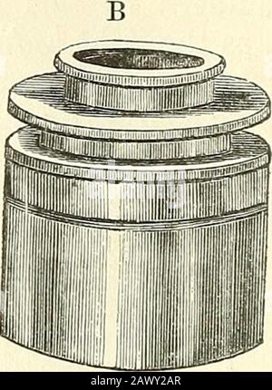 Das Mikroskop und seine Enthüllungen. Montage von Polarisationsprisma in Smith und Becks Mikroskop. An das Mikroskop; dieser Kragen kann an der Unterseite der Bühnenplatte angebracht werden, oder, wenn eine Sekundärstufe vorgesehen ist, kann er an dieser befestigt werden; Im Mikroskop der Messrs Smithand Beck Schrauben Sie es in den unteren Teil ih) eines Röhrchens (Schwein. 41, b), die in die zylindrische Passung eingleitet, beneaththe stage (Abb. 29). Der Analysator, bei dem es sich entweder um ein Nicol-Prisma, ein Tourmalin oder um einen Kristall aus Herapathit handelt, wird normalerweise entweder im Mikroskop oder zwischen dem Augenstück und dem Ey platziert Stockfoto