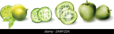 Grüner Aquarell apfel, Kiwi, Kalk und Gurke. Seien Sie Ein Gesunder Lebensmittelvektor Stock Vektor