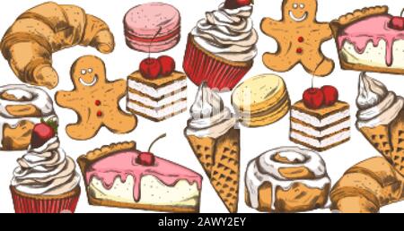 Line-Art bunte Süßigkeiten Komposition. Cupcake, Makronen, Croissant, Lebkuchenplätzchen, Eis, Zimtbrötchen Vector Stock Vektor
