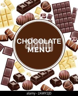 Verschiedene Arten von Schokolade und Kakaobohnen. Platz für Text. Süßigkeiten, weiß, mit Zimt. Vektor Stock Vektor