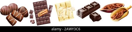 Verschiedene Arten von Schokolade und Kakaobohnen. Süßigkeiten, weiß, mit Zimt. Vektor Stock Vektor