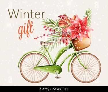 Grünes Classic Bike mit einem Korb voller Blumen und grünen Kiefernblättern, Beeren. Wintergeschenk mit Schnauzmotiv. Vektor Stock Vektor