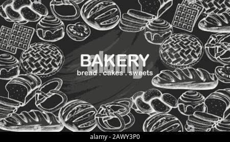 Line-Art-Set aus Backwaren, darunter verschiedene Brot- und Kuchen. Schwarz-weiße Farbe. Kreidestil. Vektor Stock Vektor