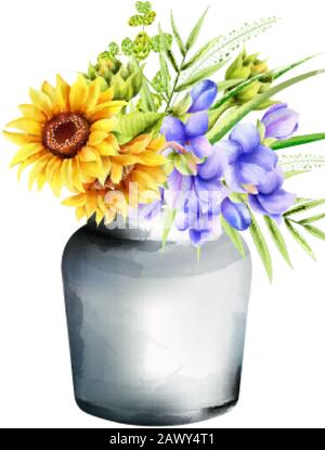 Aquarellvase aus Keramik mit Sonnenblumen, morgendlichem Ruhm und Artischocke, grünen Blättern. Federvektor Stock Vektor