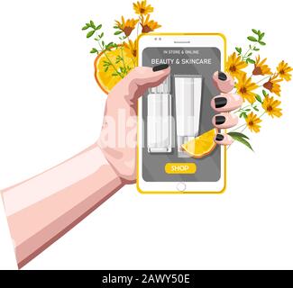 Frau hält Smartphone mit Bio-Kosmetikprodukten auf der Website. Blumen und orangefarbene Scheiben im Hintergrund. Vektor der natürlichen Gesundheitsversorgung Stock Vektor