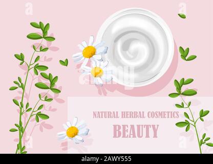 Naturpflanzen Kosmetik weiße Creme mit Kamillenblumen Dekoration. Rosafarbener Hintergrund. Body Wellness-Vektor Stock Vektor