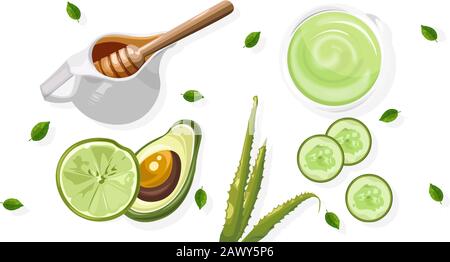 Bio Avocado Behandlungsmittel mit Sprühflaschen und Röhrchen. Honigbecher und Gurkenscheiben. Holzhintergrund. Natürlicher Kräuterkosmetischer Vektor Stock Vektor