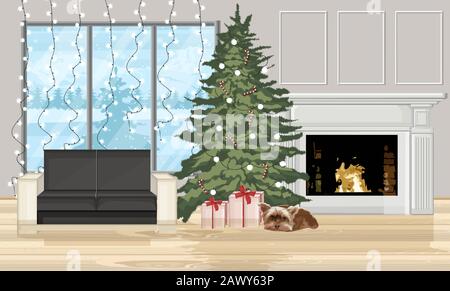 Weihnachten dekoriert mit Tannenbaum, Geschenkschachteln und Hundeschlafend. Kamin mit Feuer, Sofa und Feenleuchten. Urlaubsvektor Stock Vektor