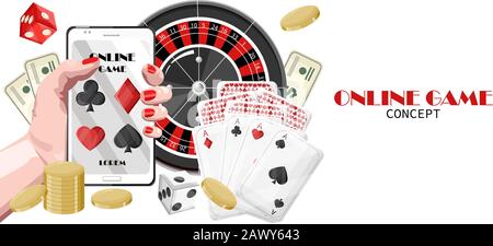 Casino Online-Spiel mit Frauen Hände halten Handy, gewinnen Jackpot und Roulette Spiel. Münzen und Würfel fliegen. Vektor Stock Vektor