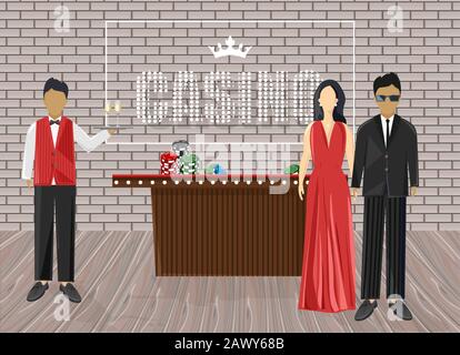 Kellner, die Leute im Casino einladen. Luxuriöse Kleidung. Chips auf rotem Tisch. Backsteine im Hintergrund. Vektor Stock Vektor