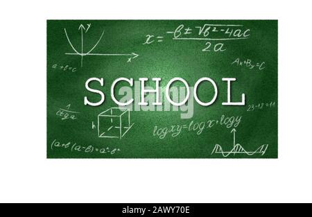 Schulvektor mit pixelig grünem Hintergrund und Formeln. Geometriezeichnungen Stock Vektor