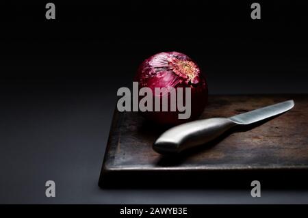 Rote Zwiebel mit einem Edelstahlmesser, das mit hohem Kontrast aufleuchtet, um Stimmung und Kunst zu erzeugen Stockfoto