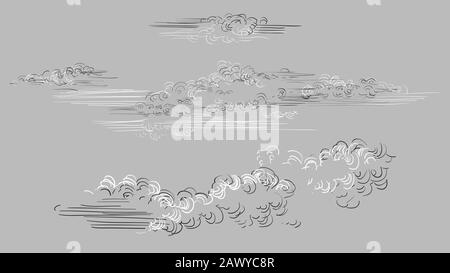 Vector Hand Drawing Set aus Wolken verschiedene Formen in schwarz-weißen Farben isoliert auf grauem Hintergrund. Monochrome Vintage-Wolken. Vektor illustriert Stock Vektor