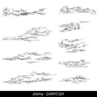 Vector Hand Drawing Set aus Wolken verschiedene Formen in schwarzer Farbe isoliert auf weißem Hintergrund. Monochrome Vintage-Wolken. Vektordarstellung der Clou Stock Vektor
